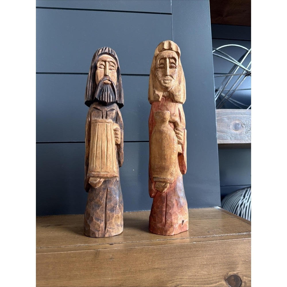 VTG Polish Folk Art Wood Carved Man Woman Pair 11" Poland Beer Stein Figures